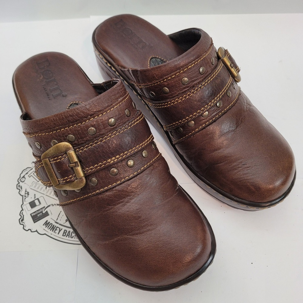 Born Clogs Mules Womens Brown Leather Studded Buckle MH10 Platform Shoes Size 8